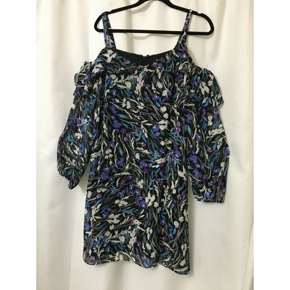 Roz & Ali Cold Shoulder Mini Dress Floral Chiffon Size 12 Purple Blue Black D2